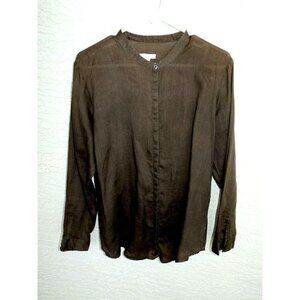 GAP L brown long sleeve collarless button front hidden placket shirt work office